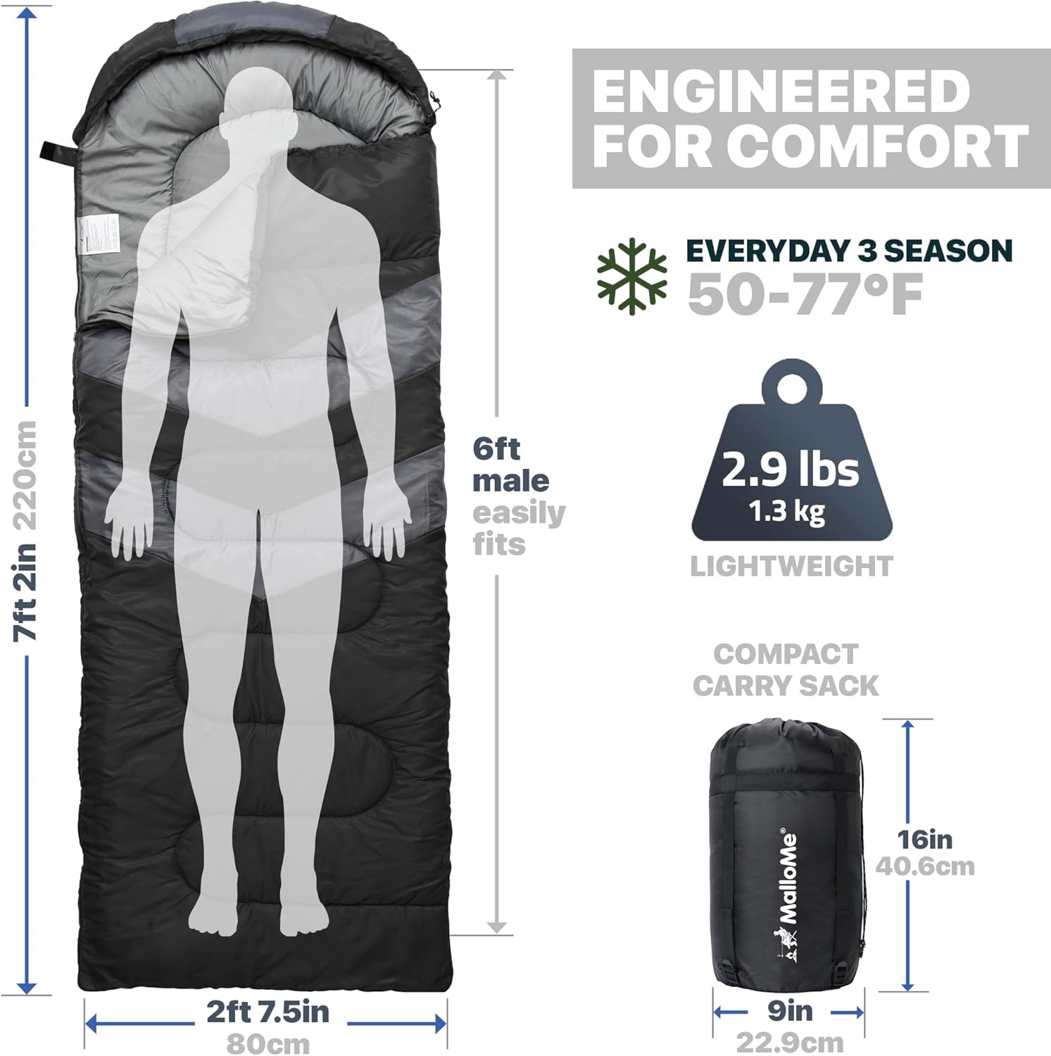 MalloMe Sac de Couchage Adulte Enfant Hiver Été Printemps Automne - Duvet 1 Personne - Imperméable Sacs de Couchage de Damping et Randonnée - Sac Couchage Ultra Léger, Compact Sleeping Bag 29.5 x 86.6 inches Noir