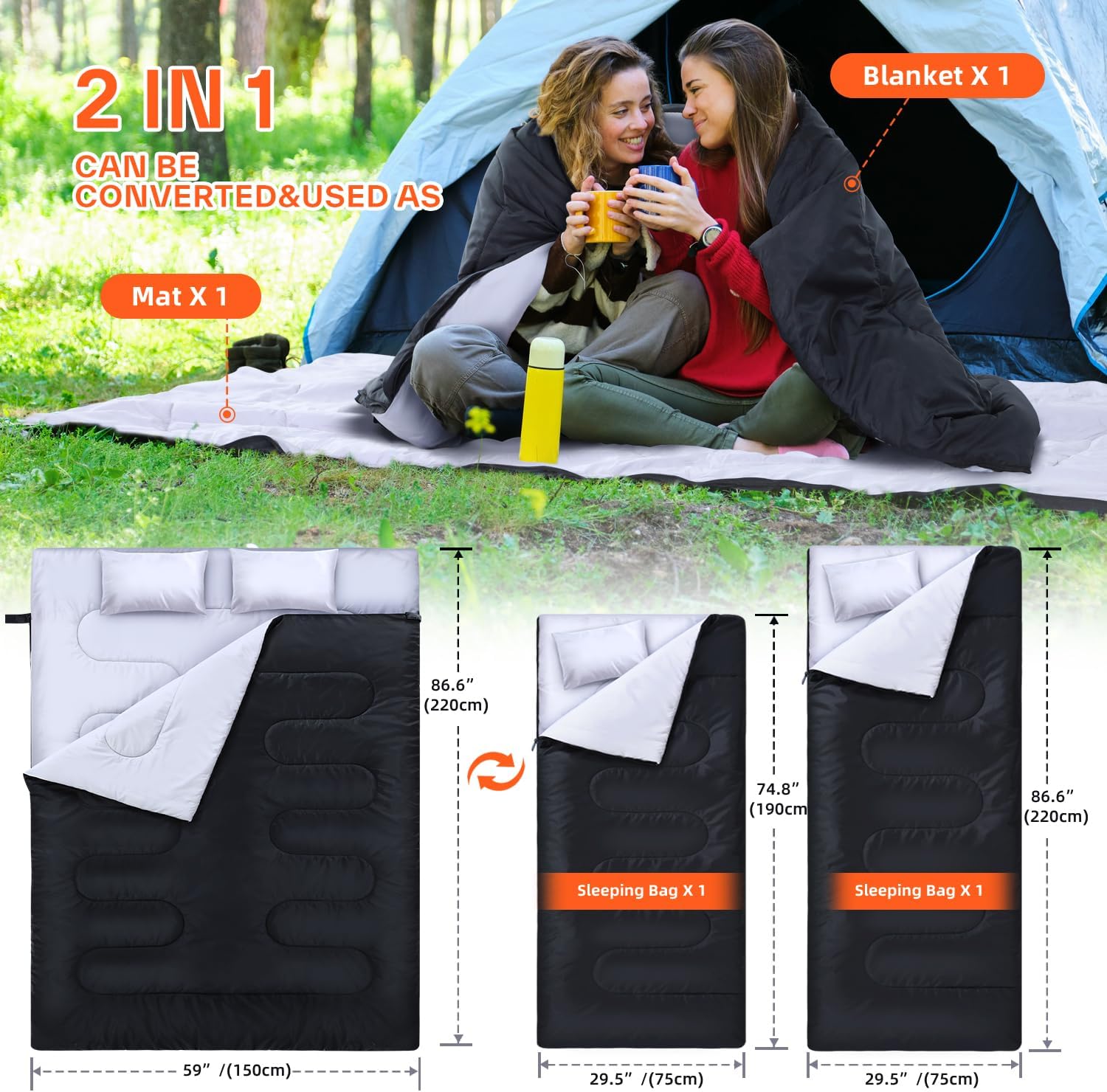 Sac de Couchage Adulte, Ohuhu Sac de Couchage 2 Personnes Sac de Couchage Rectangulaire Camping avec 2 Oreillers pour Tentes Camion Randonnée 2.75kg/3.5kg, 220 * 150cm Noir 3.5kg