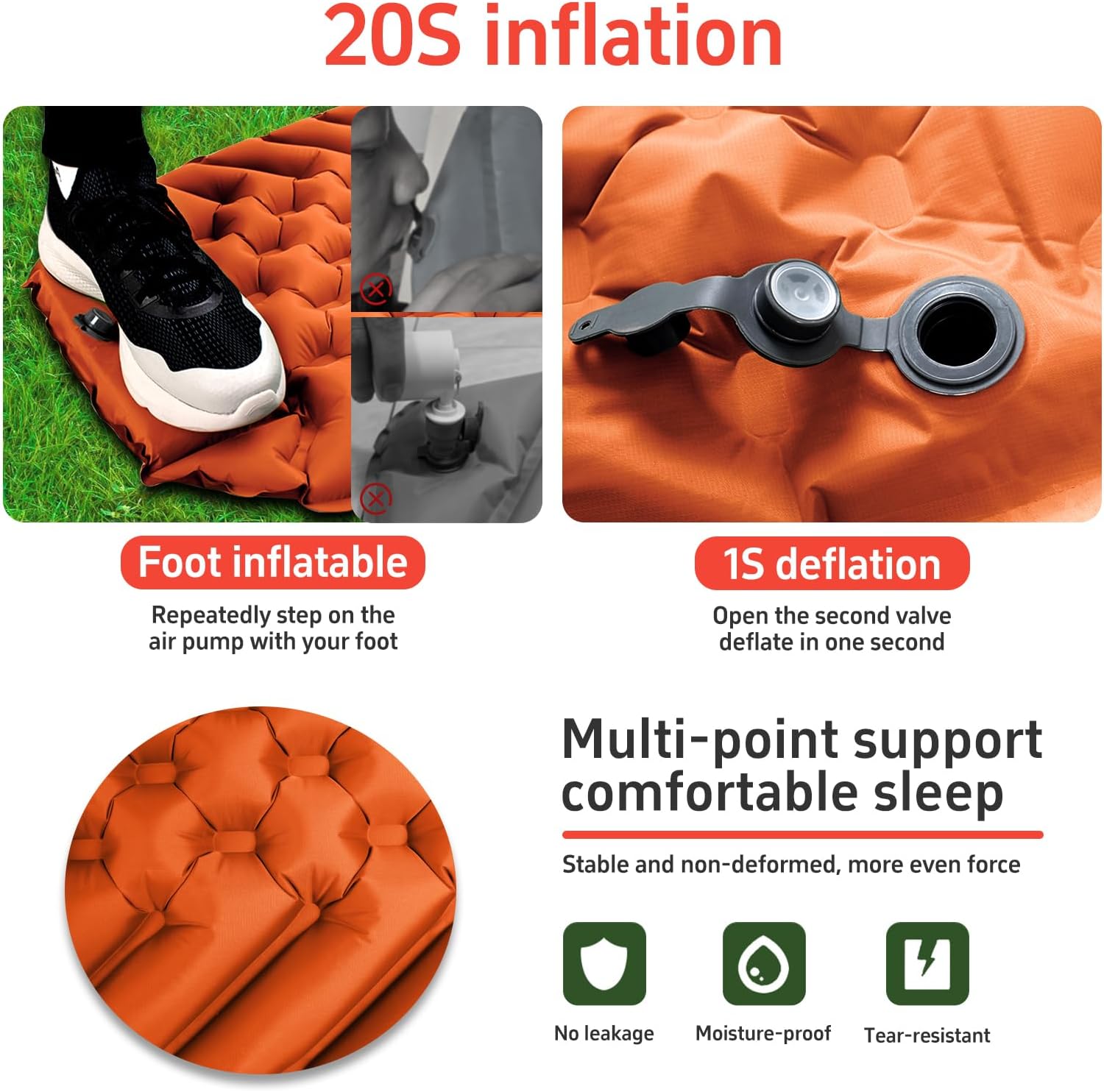 Matelas de Camping Auto-gonflant et Coussin Gonflable - Kit avec Pompe à Pied intégrée - Gonflage Rapide en 30 Secondes - Convient pour Le Camping en Plein air, la randonnée - Noir
