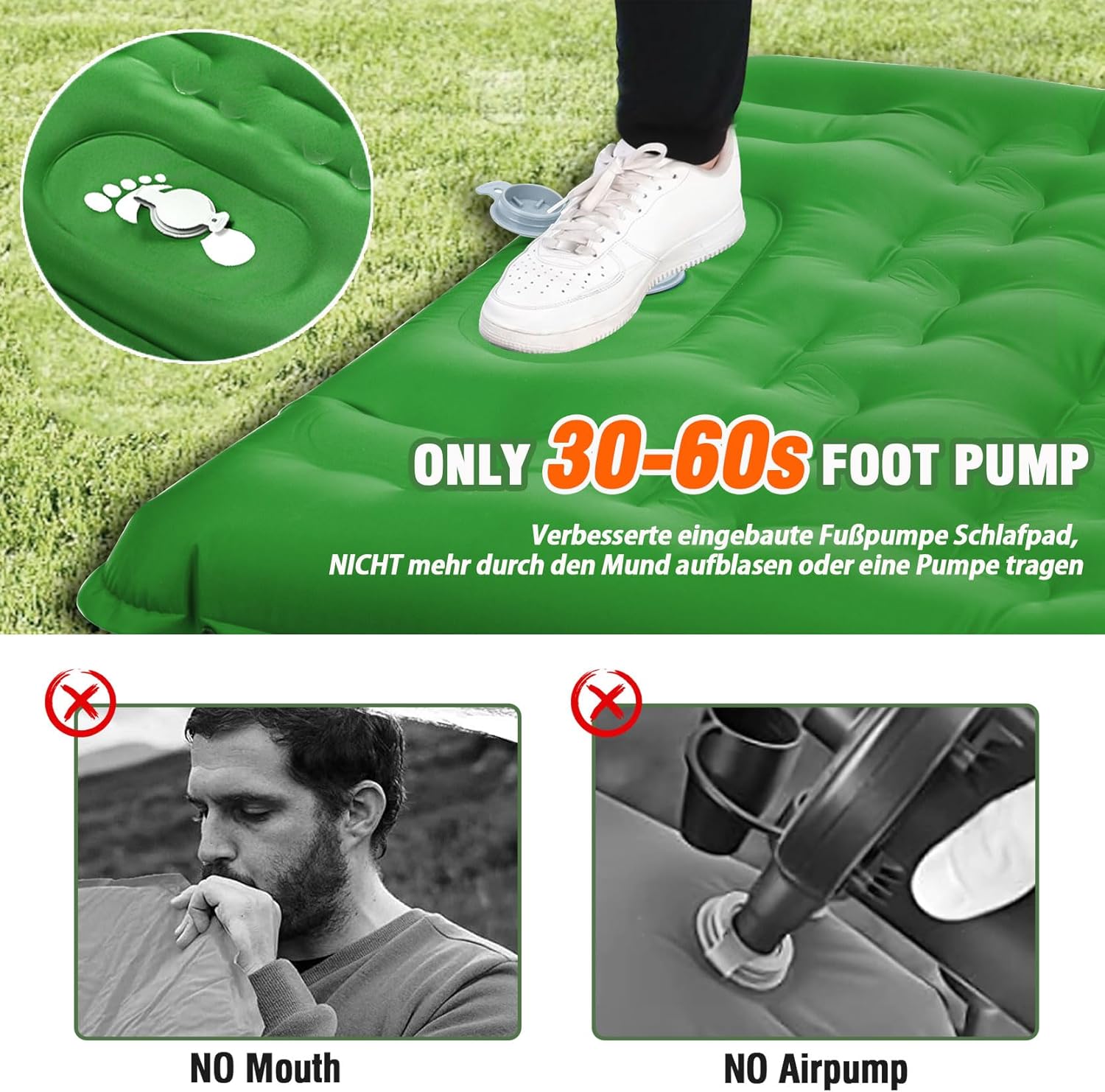 Matelas Autogonflant 1 Personne, Matelas de Camping Ultraléger, Tapis de Sol Camping avec Pompe à Pied, Portable Résistant à l'eau Matelas Gonflable pour Trekking Randonnée Bivouac Voyage Vert
