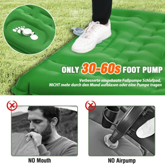 Matelas Autogonflant 1 Personne, Matelas de Camping Ultraléger, Tapis de Sol Camping avec Pompe à Pied, Portable Résistant à l'eau Matelas Gonflable pour Trekking Randonnée Bivouac Voyage Vert