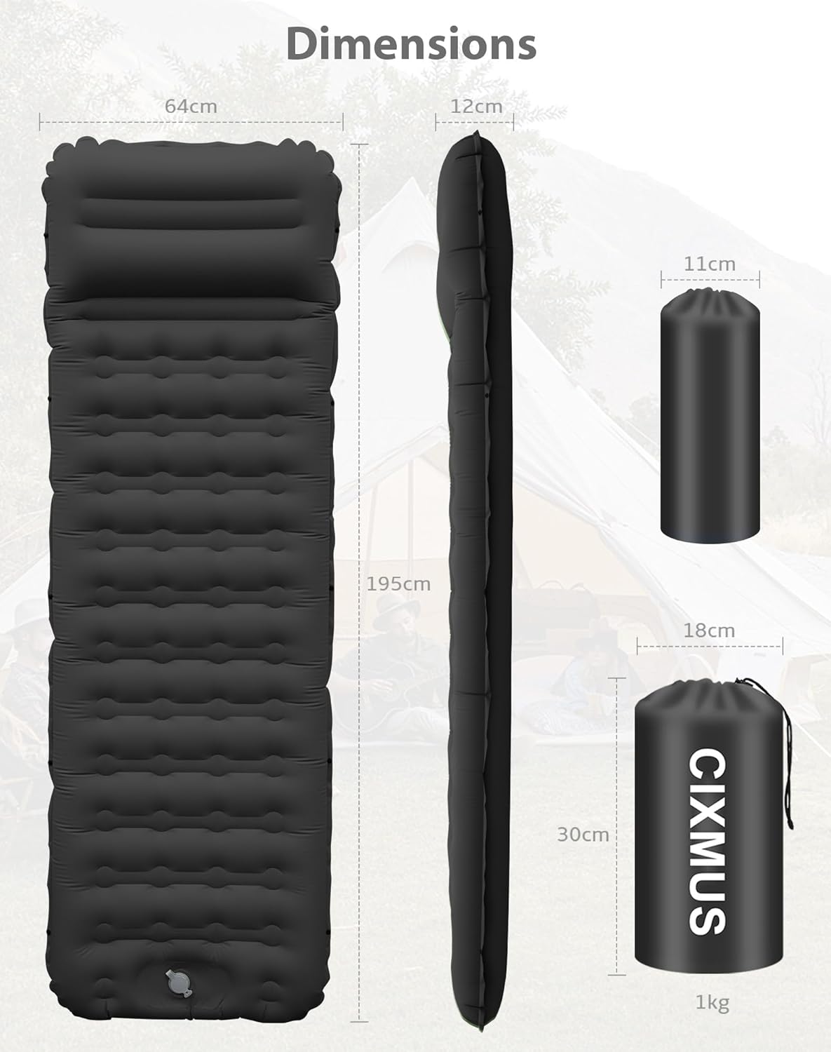 Matelas Camping Gonflable 12 cm, Résistant à l'eau, D'épaisseur Matelas Gonflable Ultra Léger avec Pompe à Pied et Oreiller Intégré, Idéal pour Randonnée/Trekking/Plage/Tente - Noir