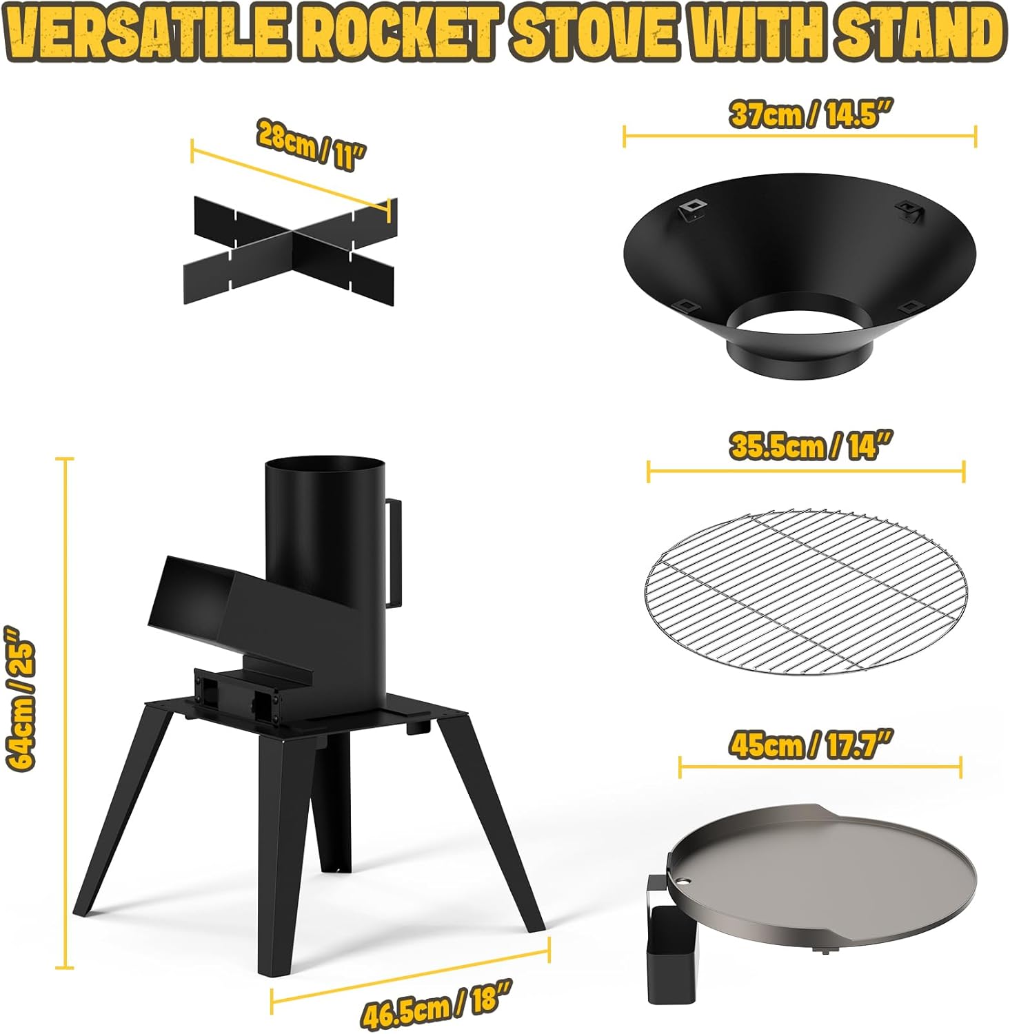 Rocket Stove avec Plaque de Cuisson et Poignée, Multifonctionnel 3 en 1 Réchaud de Camping, Poêle à Bois/Pellet pour les Réunions de Famille et Entre Amis, Cadeau pour papa et ses amis