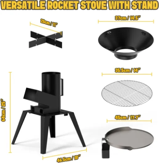 Rocket Stove avec Plaque de Cuisson et Poignée, Multifonctionnel 3 en 1 Réchaud de Camping, Poêle à Bois/Pellet pour les Réunions de Famille et Entre Amis, Cadeau pour papa et ses amis