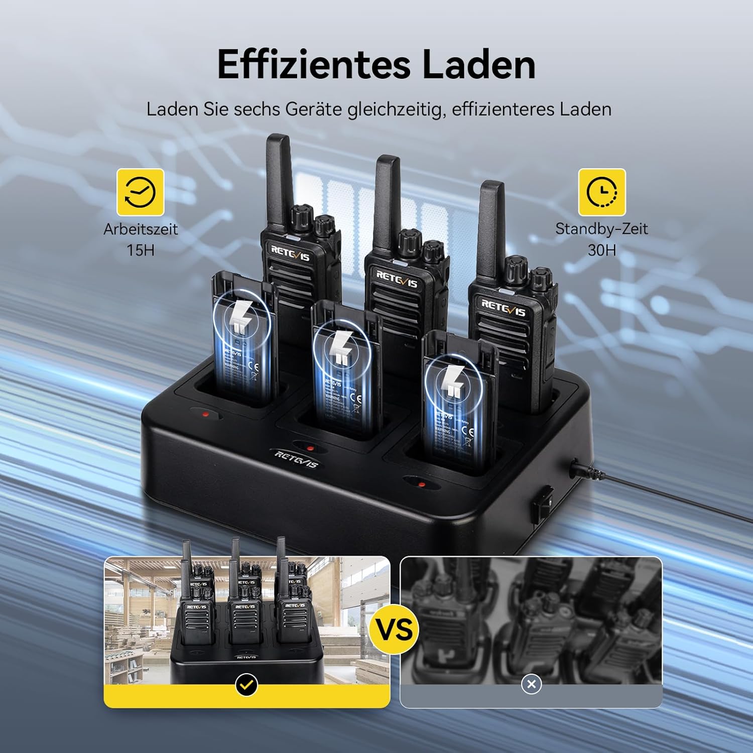 RT668 Talkie Walkie, avec Chargeur 6 Voies, Écouteurs, Talkie-walkie avec oreillette,1200 mAh, VOX, Robuste, Money Walkie pour Fabricant, Entrepôt, Sécurité (Noir, 6 Pièces) Avec des écouteurs