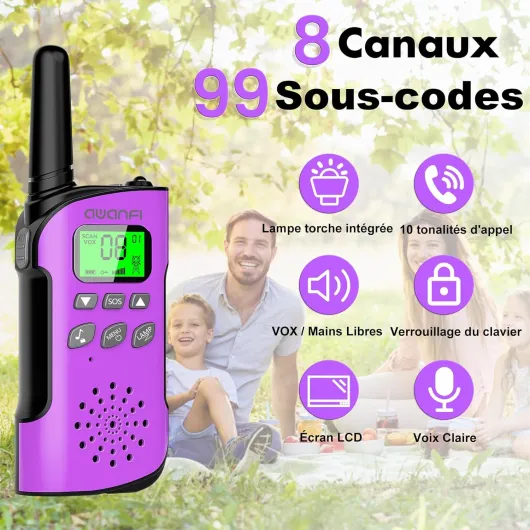 Talkie Walkie Enfants Longue Portée 4 Pièces, Talkie-Walkie Adultes Rechargeable USB-C, Walkie Talkie Lampe Torche 8 Canaux pour Camping, Randonneé, Vélo, Cadeau Jouet pour 3-12 Ans Garçon et Fille Violet+Rose+Bleu+Jaune