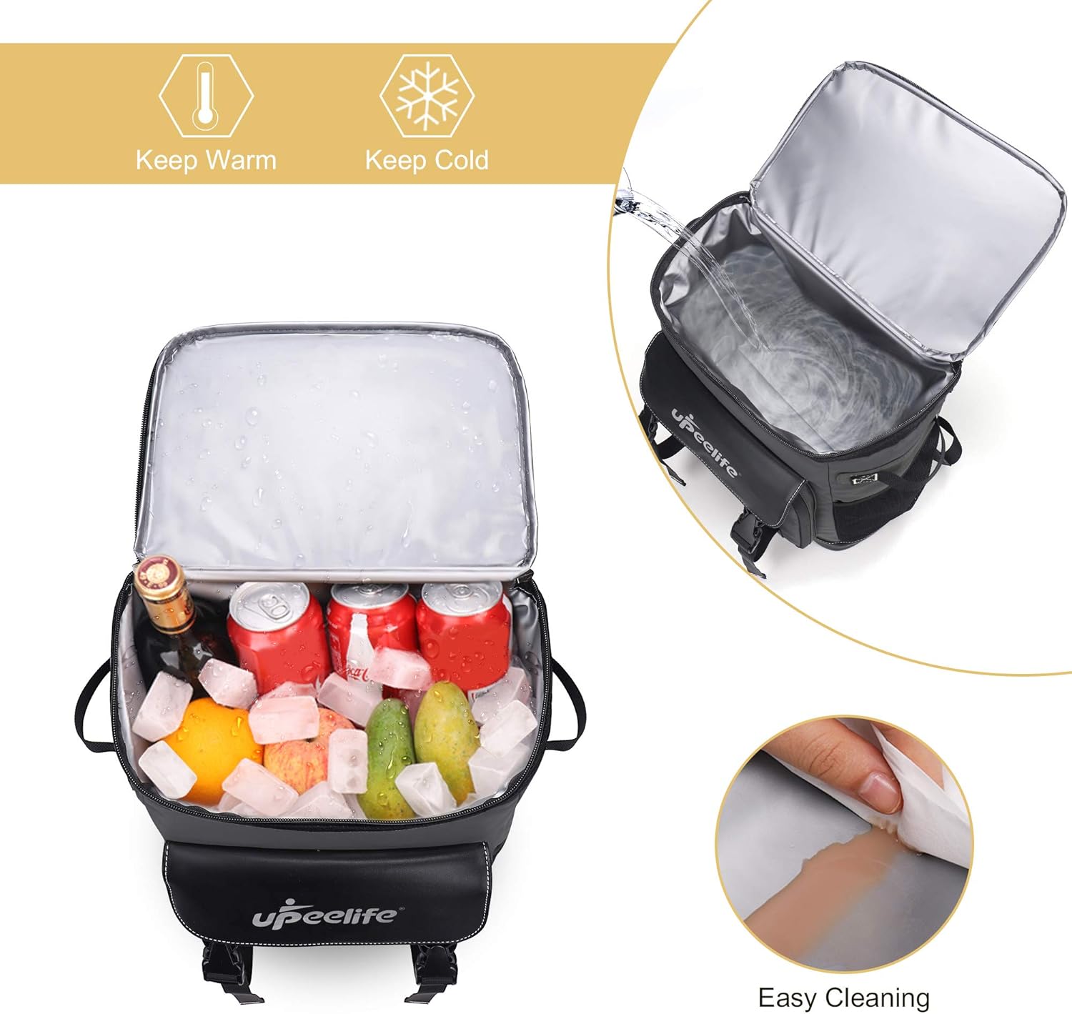 Upeelife Sac a Dos Isotherme, 30L Grand Sac Glacière Imperméable, Sac à Dos Pique Nique Étanche pour Homme & Femme Gris