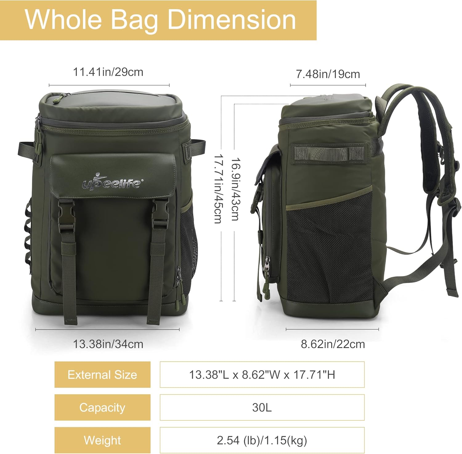 Upeelife Sac a Dos Isotherme, 30L Grand Sac Glacière Imperméable, Sac à Dos Pique Nique Étanche pour Homme & Femme Vert