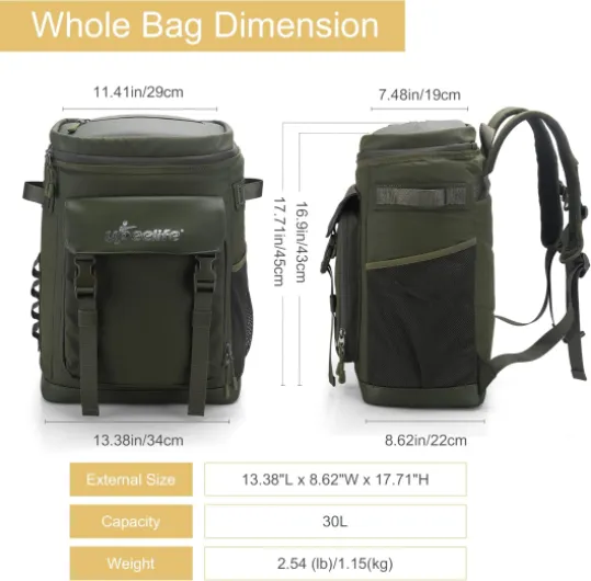 Upeelife Sac a Dos Isotherme, 30L Grand Sac Glacière Imperméable, Sac à Dos Pique Nique Étanche pour Homme & Femme Vert
