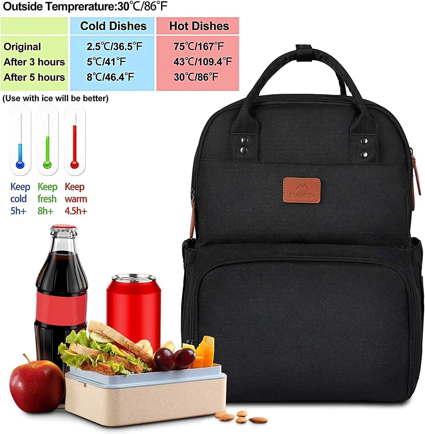 Sac à Dos Déjeuner, Sac à dos de Pique-Nique avec Compartiment Isotherme, Sac à dos Glacière de 17 Pouces pour Homme et Femme, Sac à Déjeuner Isolé pour Camping Voyage Travail, Noir 17"