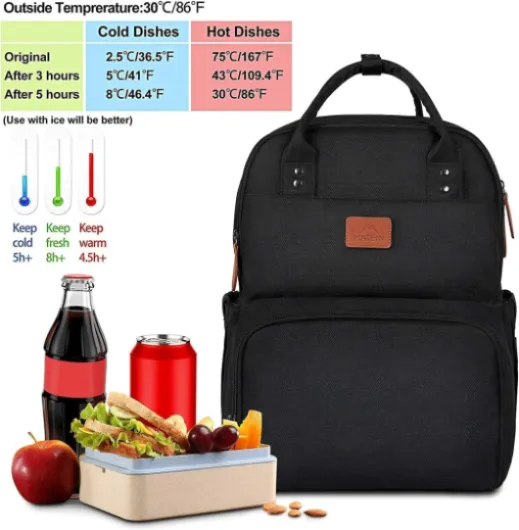 Sac à Dos Déjeuner, Sac à dos de Pique-Nique avec Compartiment Isotherme, Sac à dos Glacière de 17 Pouces pour Homme et Femme, Sac à Déjeuner Isolé pour Camping Voyage Travail, Noir 17"