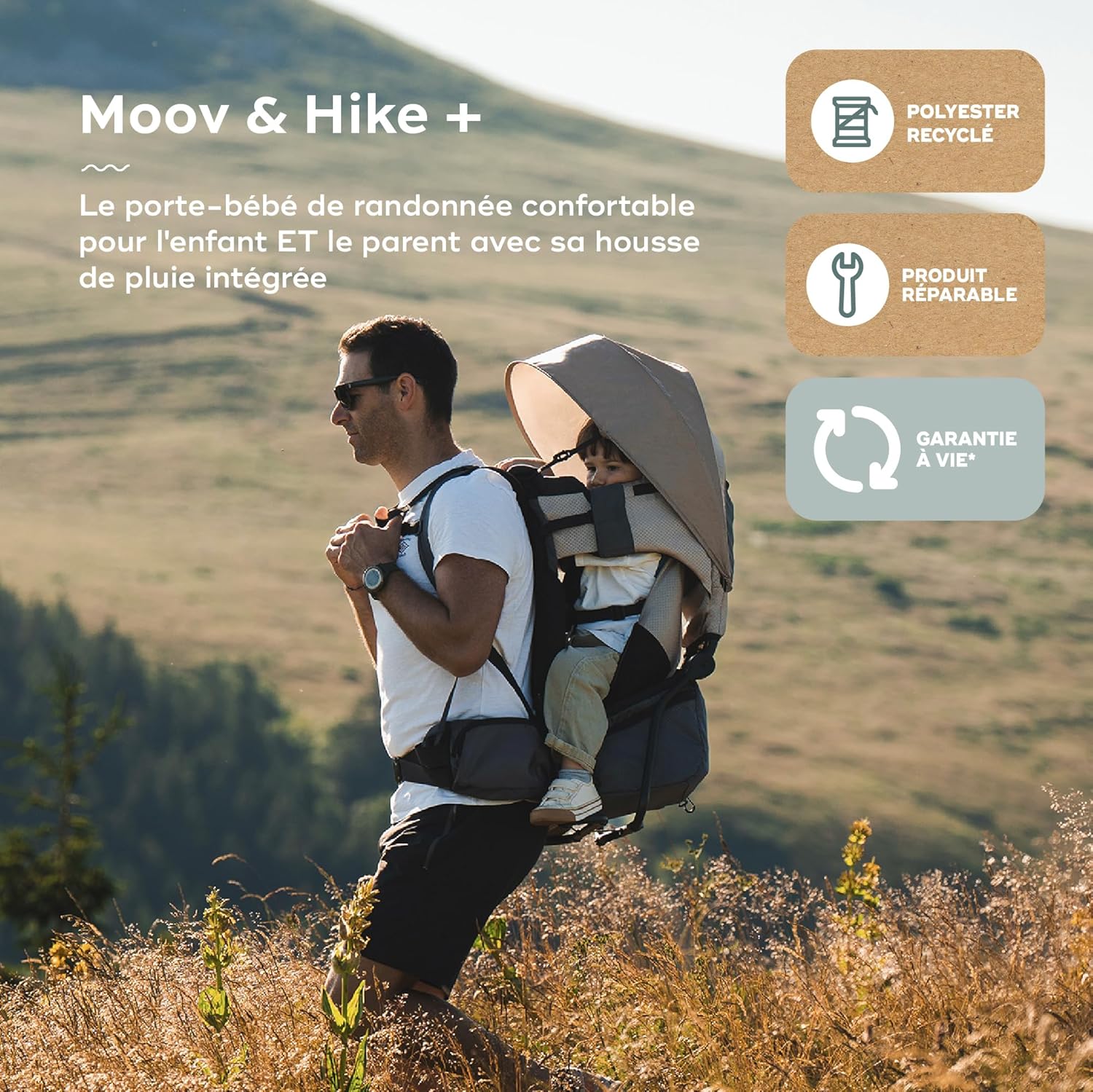 Porte-bébé randonnée Moov&Hike + - Sac à Dos Confortable & Réglable - Siège Ajustable - Housse de Pluie, Sac à Langer 10L Inclus - Confort Enfant & Parent - Garanti à Vie Moov&Hike + Housse pluie
