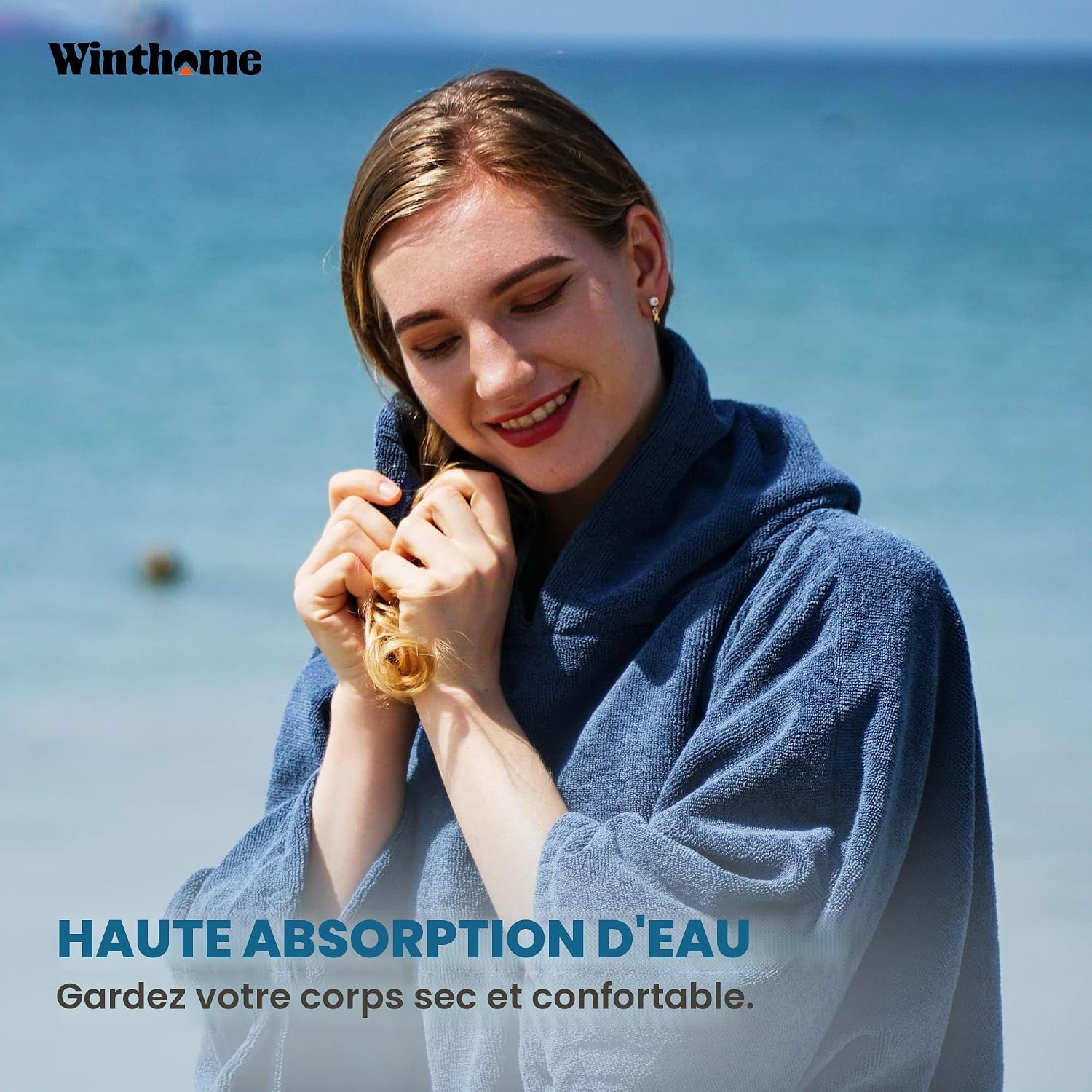 Poncho Absorbant Chaud, Peignoir de Bain Aidez la Plage à Changer, Serviette de Poncho avec Poche et Capuche, Poncho Surf pour Adulte Femme Homme Natation Surf Plages Douche Sauna Bleu Medium