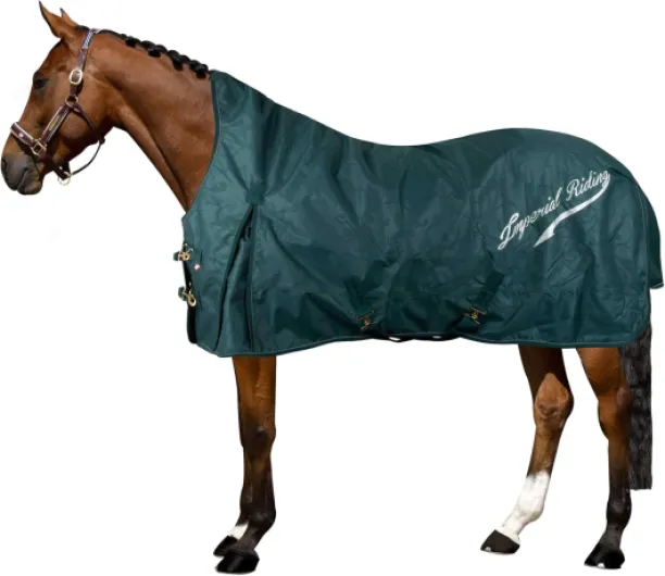 Imperial Riding IRH Super-Dry Couverture d'extérieur 50 g, imperméable et respirante, doublure en nylon polyester 600D, couverture d'hiver légère pour chevaux, design élégant et ajustement confortable vert forêt 145