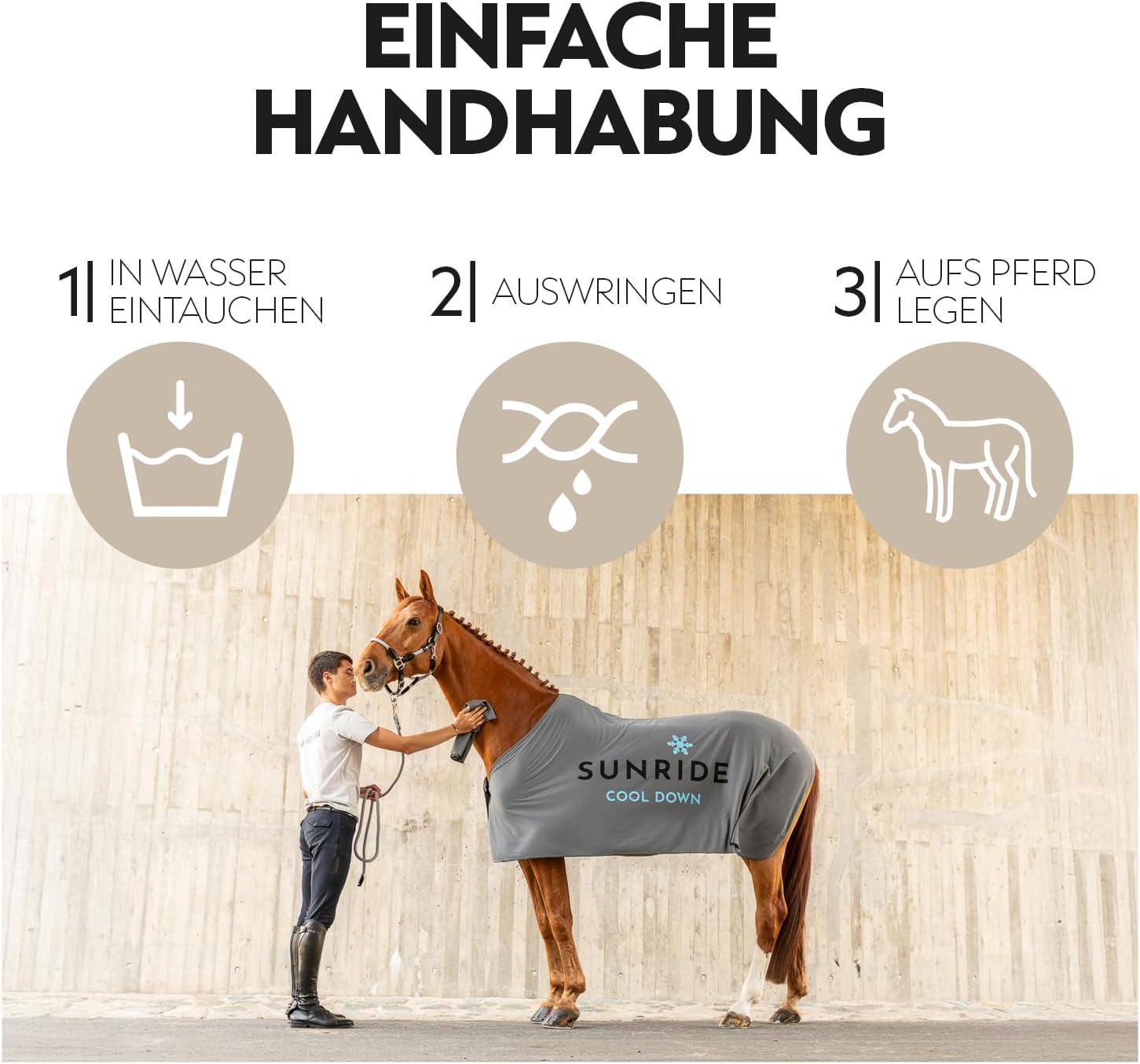 SUNRIDE Couverture rafraîchissante pour chevaux (Cool Down) (ensemble 3 pièces) – avec couvre-cou et tissu – effet rafraîchissant immédiat par refroidissement par évaporation – durable – gris (135 cm)