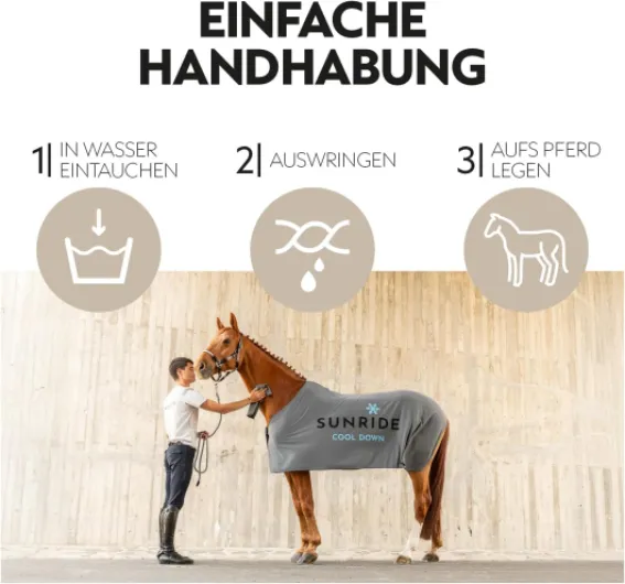 SUNRIDE Couverture rafraîchissante pour chevaux (Cool Down) (ensemble 3 pièces) – avec couvre-cou et tissu – effet rafraîchissant immédiat par refroidissement par évaporation – durable – gris (135 cm)