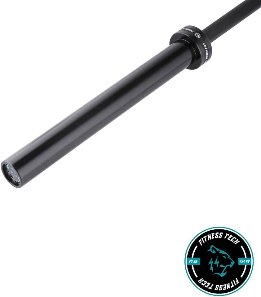 Barre olympique professionnelle 220 cm - 50 mm - 8 roulements par côté - Charge maximale 454 kg - 20 kg - Powerlifting, cross training et haltérophilie - Noir Fitness Tech