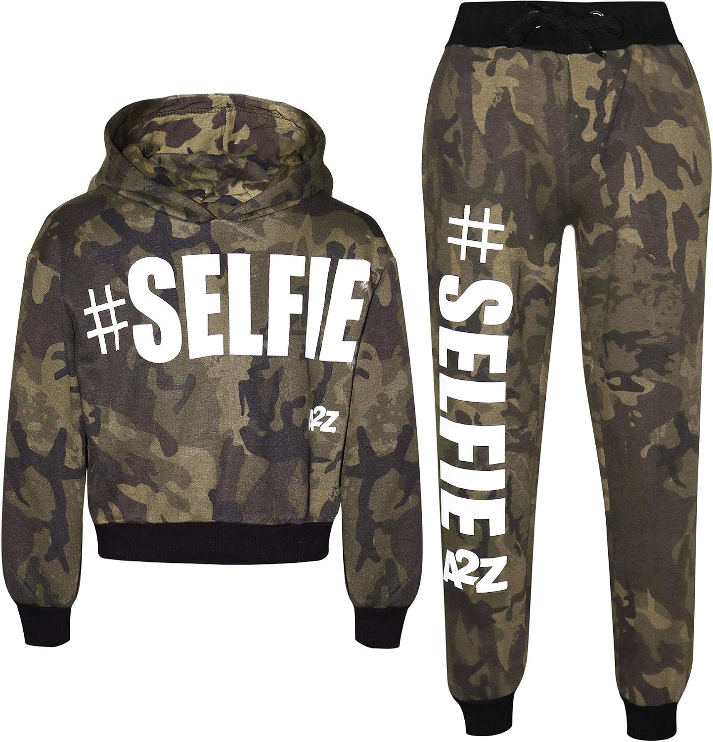Enfants Filles Garçons Survêtement Designer Gris #Selfie Imprimer Toison Encapuchonné Crop Top Bottom Jogging Costume Joggers Âge 5-13 Ans 7-8 ans Camo Vert