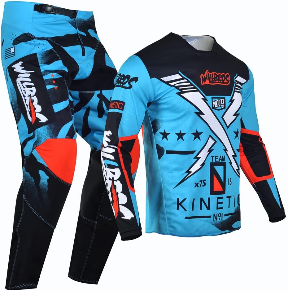 Combinaison de Pantalon en Maillot de Motocross Hommes Dirt Bike Hors Route Ensemble D'engrenages MX Équitation Vêtements de Course Femmes Adulte Jersey M / Pants 32 Bleu
