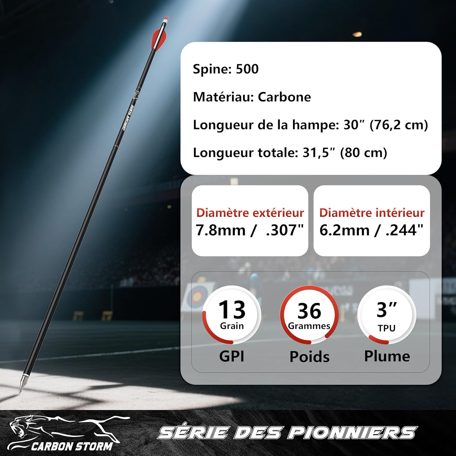 Sunya Flèches de Chasse pour Arc à poulies et Arc recurve - Tige en Carbone de 30 Pouces, Spine 400/500 avec Pointes Amovibles - Lot de 12 Rouge Spine 500-30Inch