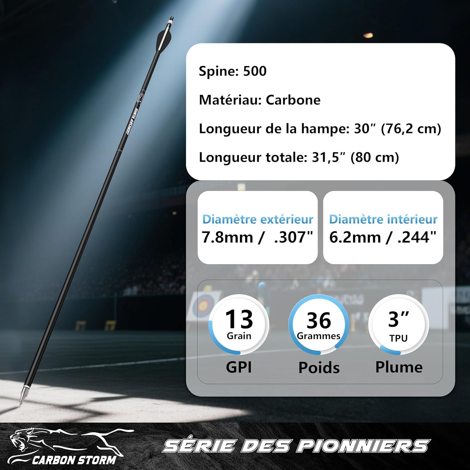 Sunya Flèches de Chasse pour Arc à poulies et Arc recurve - Tige en Carbone de 30 Pouces, Spine 400/500 avec Pointes Amovibles - Lot de 12 Noir Spine 500-30Inch