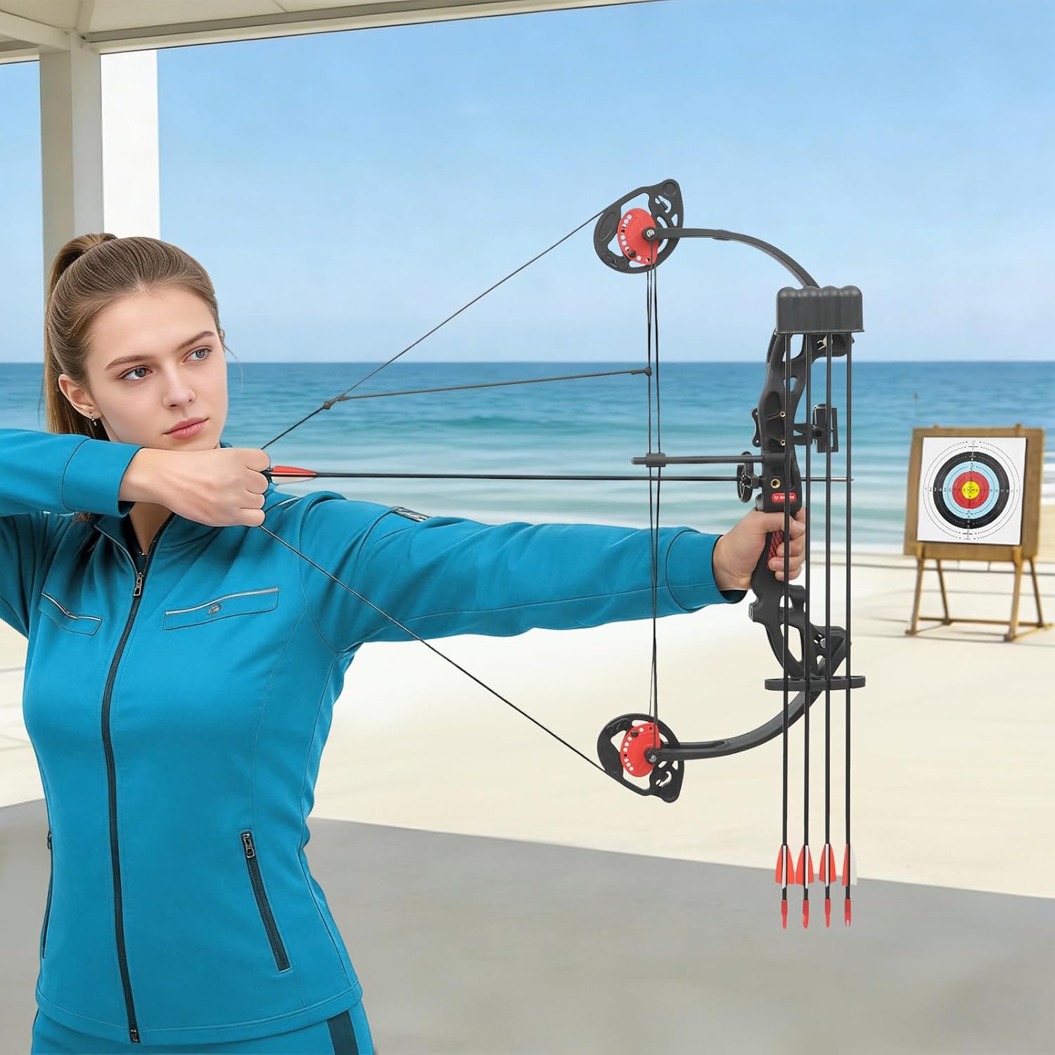 Ensemble Arc À Poulies Kit d'arc Tir l'arc avec Flèches 16-29 LB, 12 Flèches Viseur Protège-Bras Arc Poulies pour Jeunes Arc Chasse Adulte, pour Entraînement Compétition Sport Scolaire