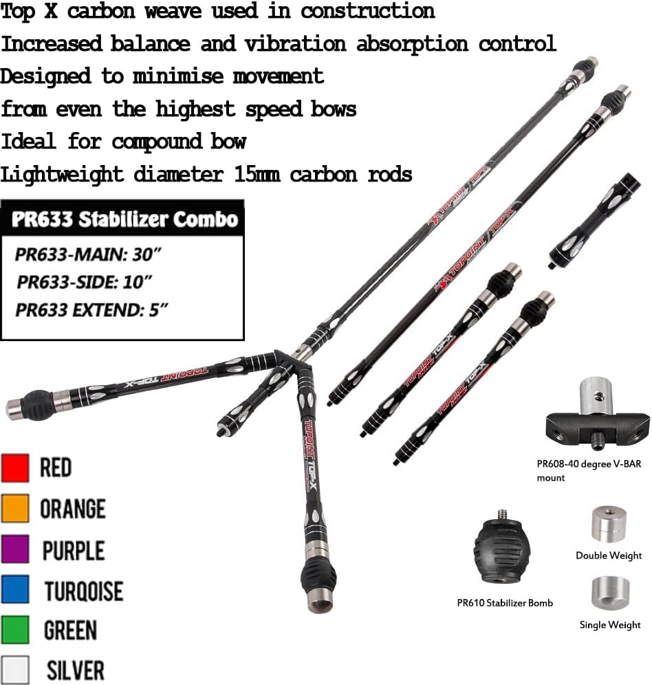 Tir à l'arc Set Stabilisateurs de Barre D'équilibre Amortisseur en Carbone Pure 3K Tige D'équilibre Barre 5" 10" 30" Barre en V pour Arc Classique de Compétition Arc à Poulies TypeA - Argent