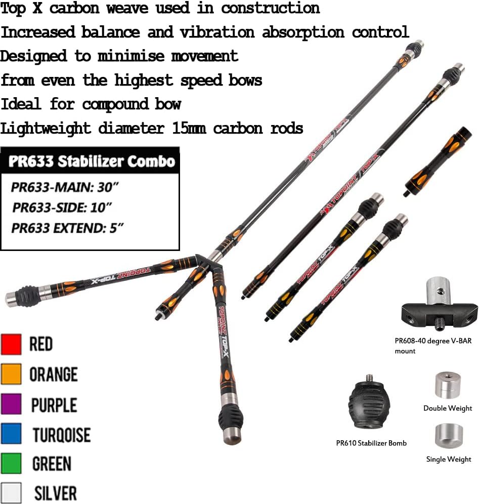 Tir à l'arc Set Stabilisateurs de Barre D'équilibre Amortisseur en Carbone Pure 3K Tige D'équilibre Barre 5" 10" 30" Barre en V pour Arc Classique de Compétition Arc à Poulies TypeA - Orange
