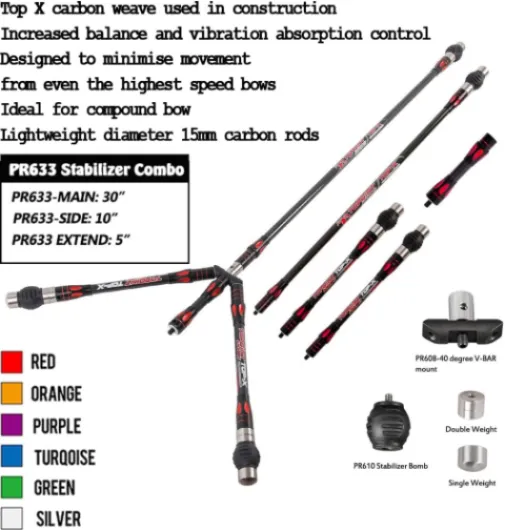Tir à l'arc Set Stabilisateurs de Barre D'équilibre Amortisseur en Carbone Pure 3K Tige D'équilibre Barre 5" 10" 30" Barre en V pour Arc Classique de Compétition Arc à Poulies TypeA - Rouge