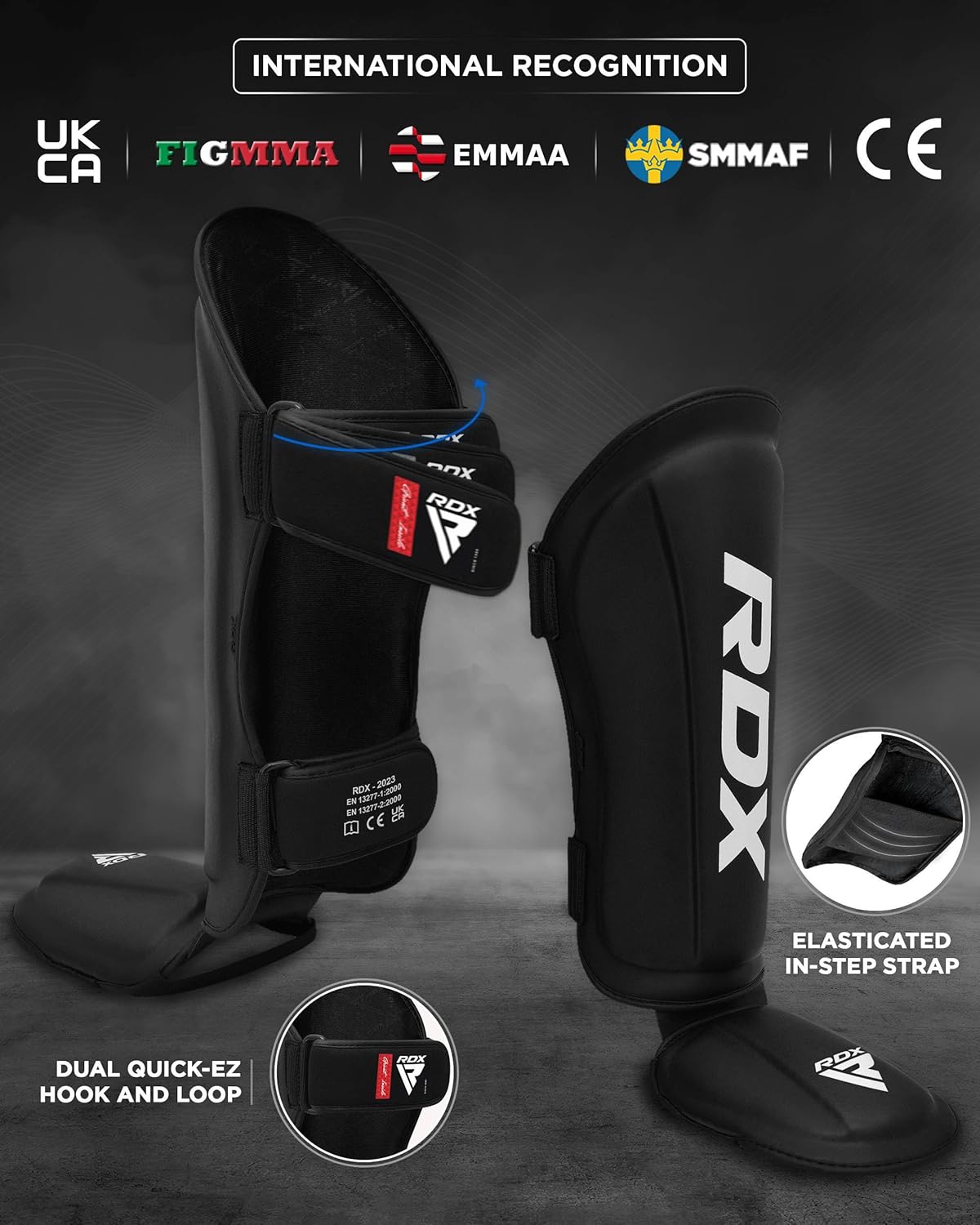 Protège Tibia Pied Boxe, Shin Instep Guard, Maya Hide Cuir, SATRA SMMAF Approuvé, Protection pour Arts Martiaux, Karaté d’entraînement, MMA Kick Boxing Muay Thai Noir XL