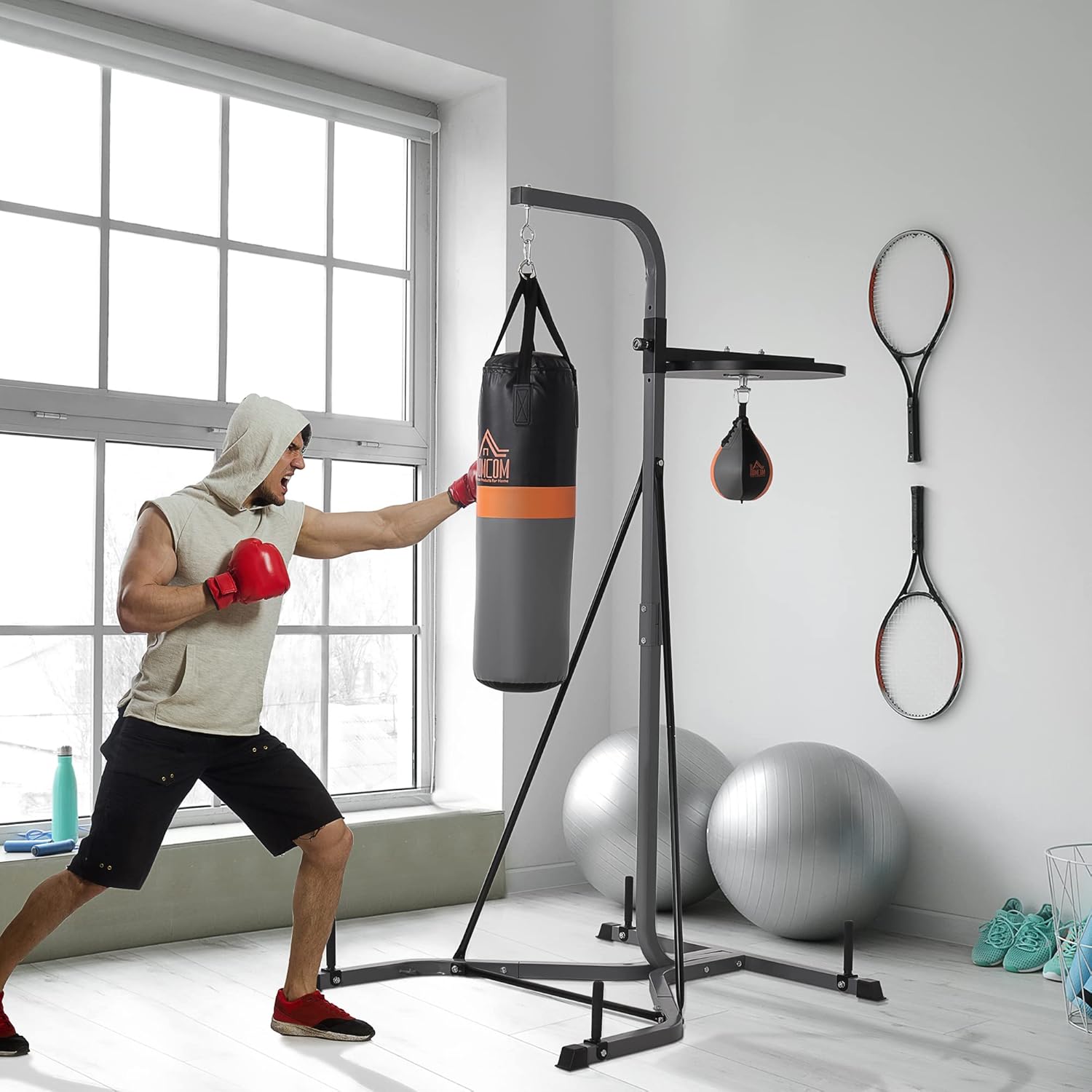 Support de Sac de Frappe sur Pieds Sac de Frappe sur Pied Station de Boxe Poire de Vitesse Inclus Acier Noir équipement de Muay Thai, Kickboxing, Arts Martiaux, Gym