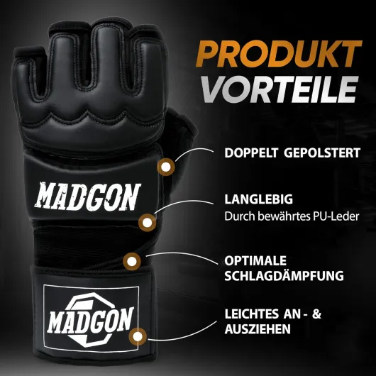 MADGON Gants de Boxe et MMA Professionnels – Gants MMA Qualité Pro - Fabrication Haute Qualité - pour Boxe, Entraînement, Sac de Frappe, Combat Libre, Grappling et Arts Martiaux - Gants Boxe Noir/Blanc L