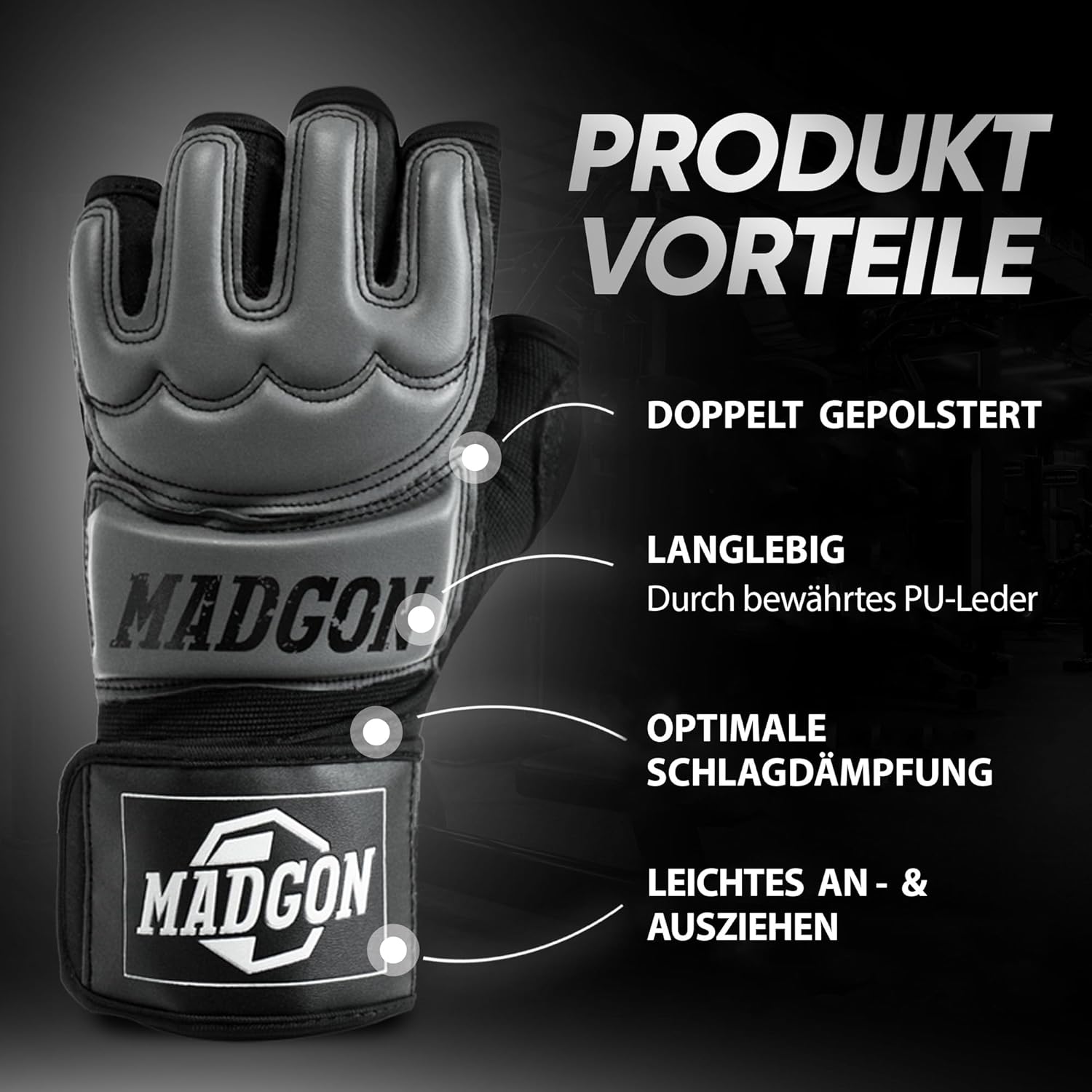 MADGON Gants de Boxe et MMA Professionnels – Gants MMA Qualité Pro - Fabrication Haute Qualité - pour Boxe, Entraînement, Sac de Frappe, Combat Libre, Grappling et Arts Martiaux - Gants Boxe Noir/Gris L