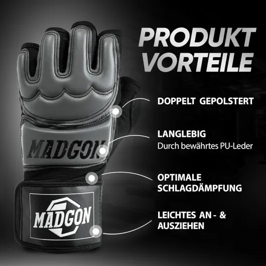 MADGON Gants de Boxe et MMA Professionnels – Gants MMA Qualité Pro - Fabrication Haute Qualité - pour Boxe, Entraînement, Sac de Frappe, Combat Libre, Grappling et Arts Martiaux - Gants Boxe Noir/Gris L