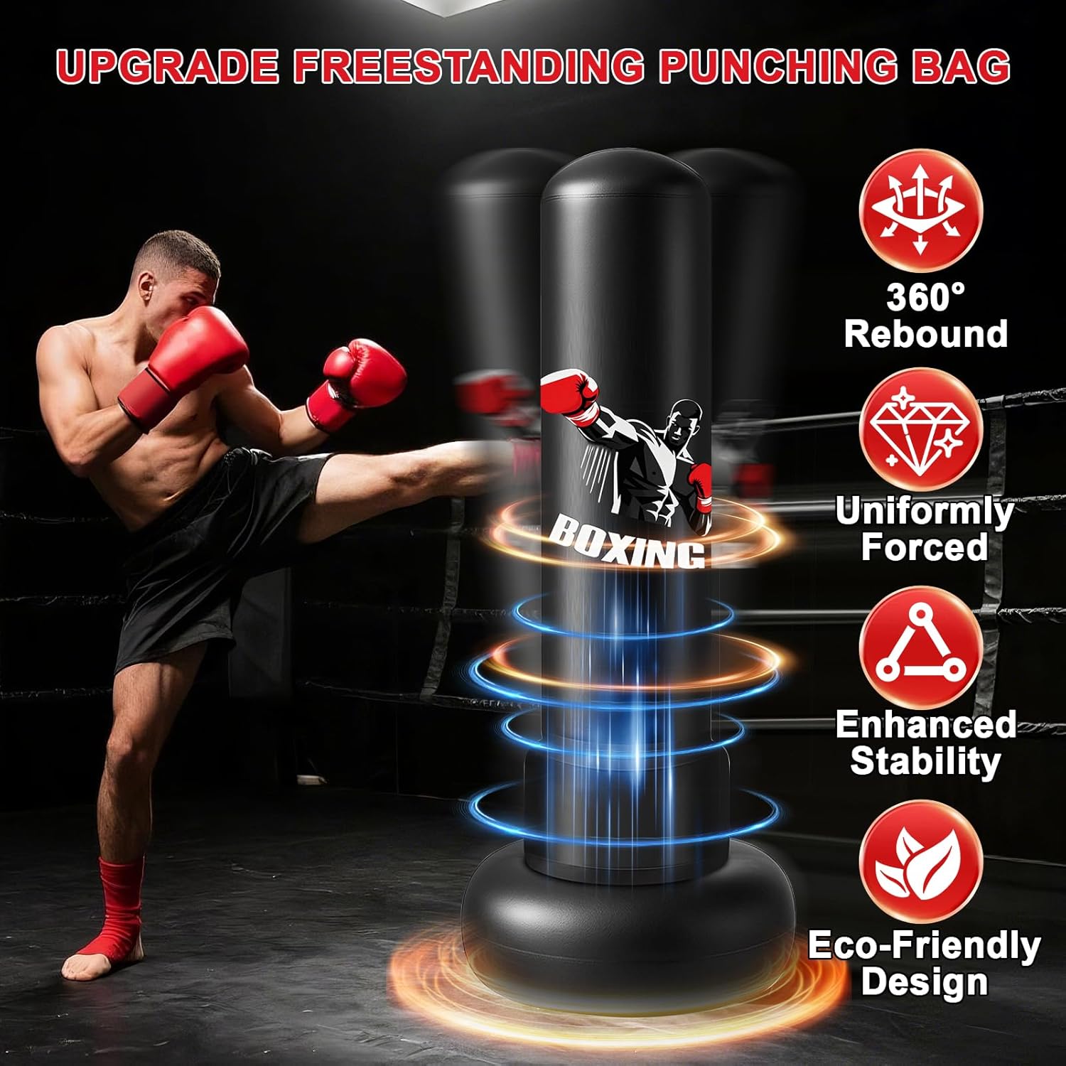 Ninonly Sac de Frappe Adulte 190cm Sac de Boxe Autoportant avec Gants de Boxe, Pompe et Balle de Réflexe,Hommes, Femmes et Débutants,pour Boxe, Kick-Boxing, Arts Martiaux, MMA