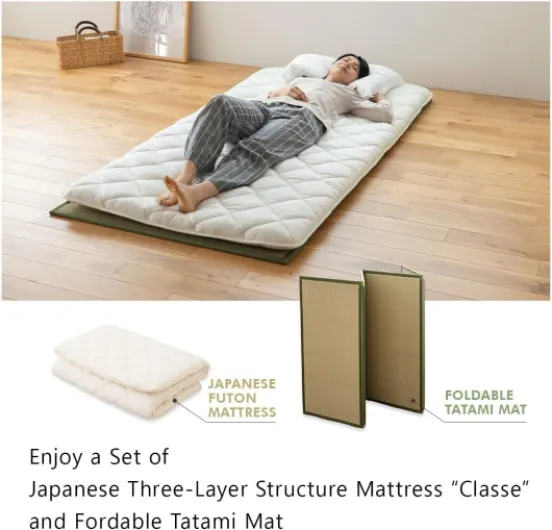 Matelas Futon Japonais Premium Classe et Matelas Tatami Pliable 100 x 200 cm, Coton Polyester et Igusa (jonc) Ferme Sikibuton Igusa Naturel 100 x 200 cm Premium Futon avec Tatami