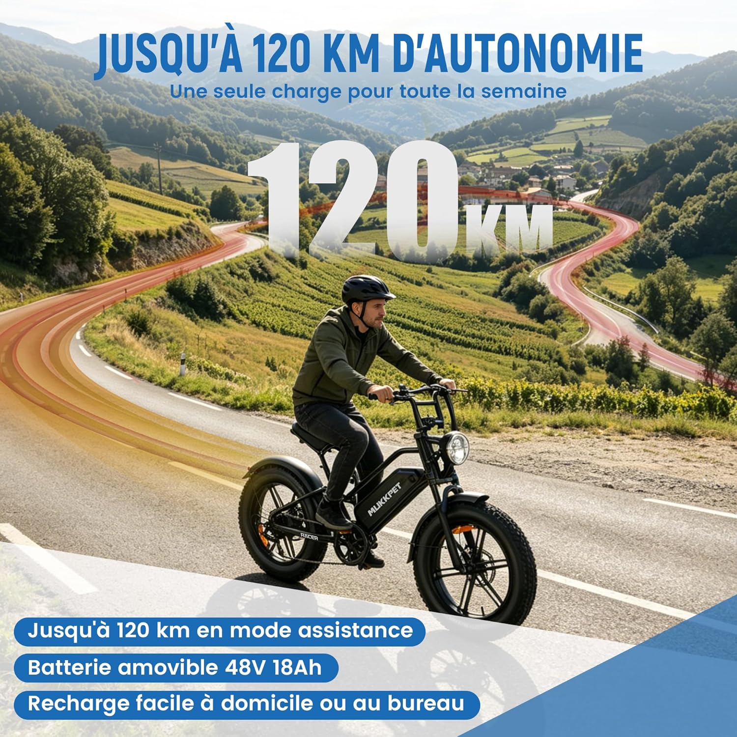 Racer Vélo électrique 48V 18Ah 864Wh pour Adultes, Jusqu’à 120 km d’autonomie, Fat Tire 20” x 4.0 Tout Terrain, Double Suspension, vélo électrique Adulte (Noir)