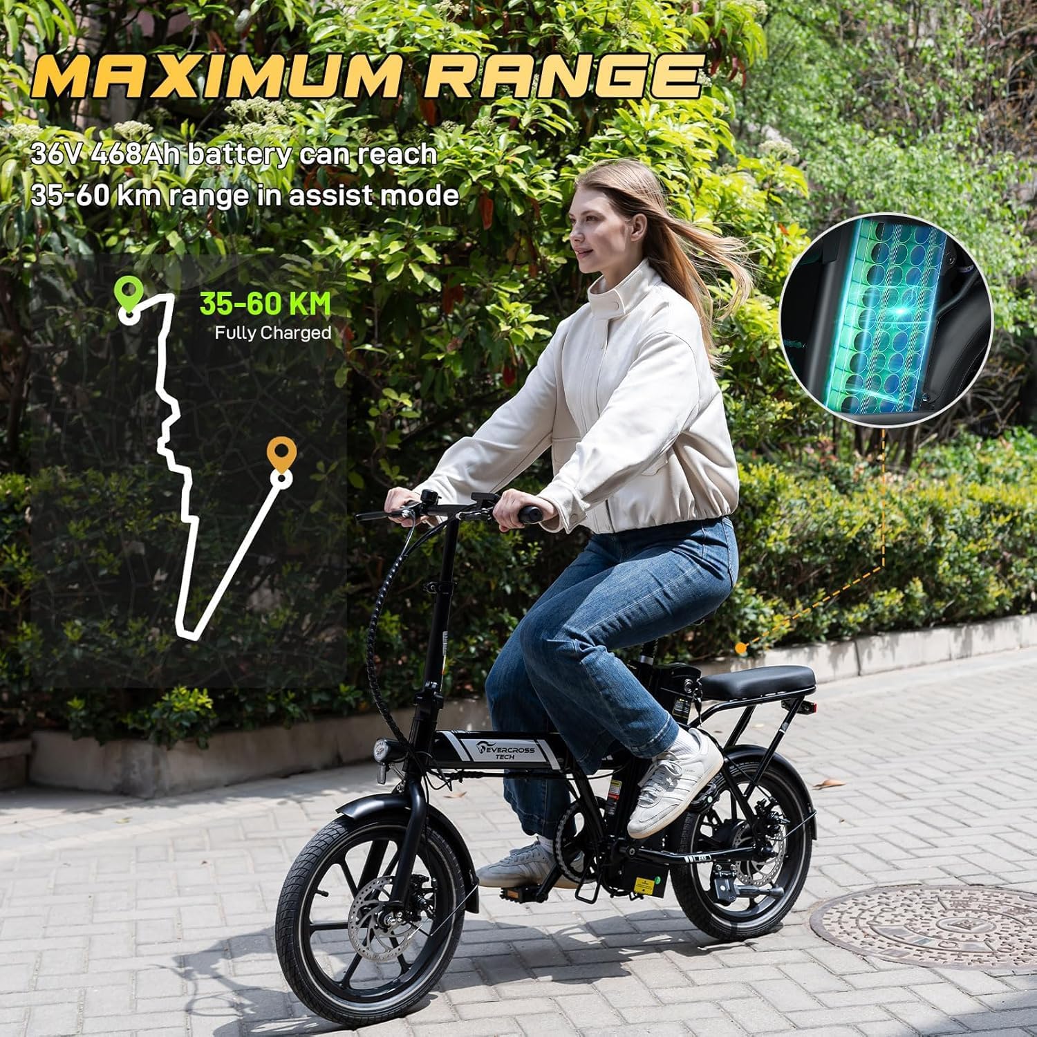 Vélo Electrique pour Adultes, 16''/20" Vélo Electrique à Gros Pneus, 250W E Bike,Jusqu'à 25KM/H, 36V/48V Batterie Amovible, Vélo Tout-Terrain Electrique pour la Neige de Montagne EK5 Noir - Max 60KM