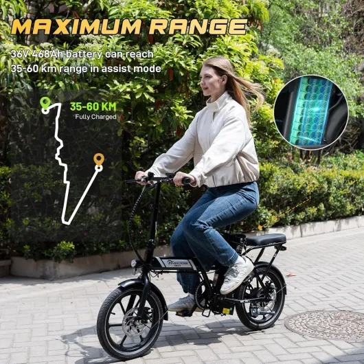 Vélo Electrique pour Adultes, 16''/20" Vélo Electrique à Gros Pneus, 250W E Bike,Jusqu'à 25KM/H, 36V/48V Batterie Amovible, Vélo Tout-Terrain Electrique pour la Neige de Montagne EK5 Noir - Max 60KM