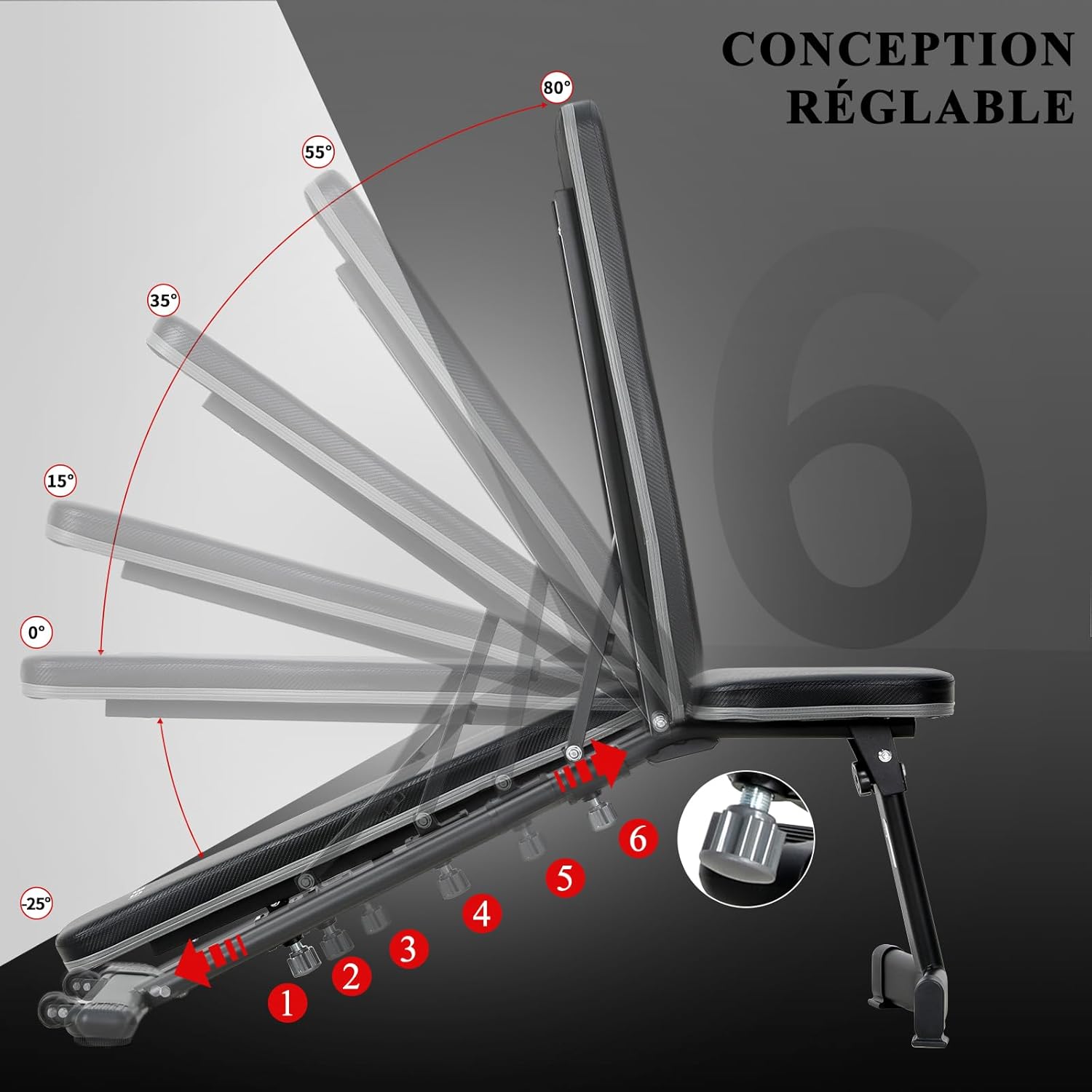 Banc Musculation Pliable Complet Inclinable, Banc de Musculation Complet Pliable Multifonction, Banc Abdominaux&Bancs de Musculation 6 Positions Réglable(-25°-100°), Bench Musculation/Banc Muscu