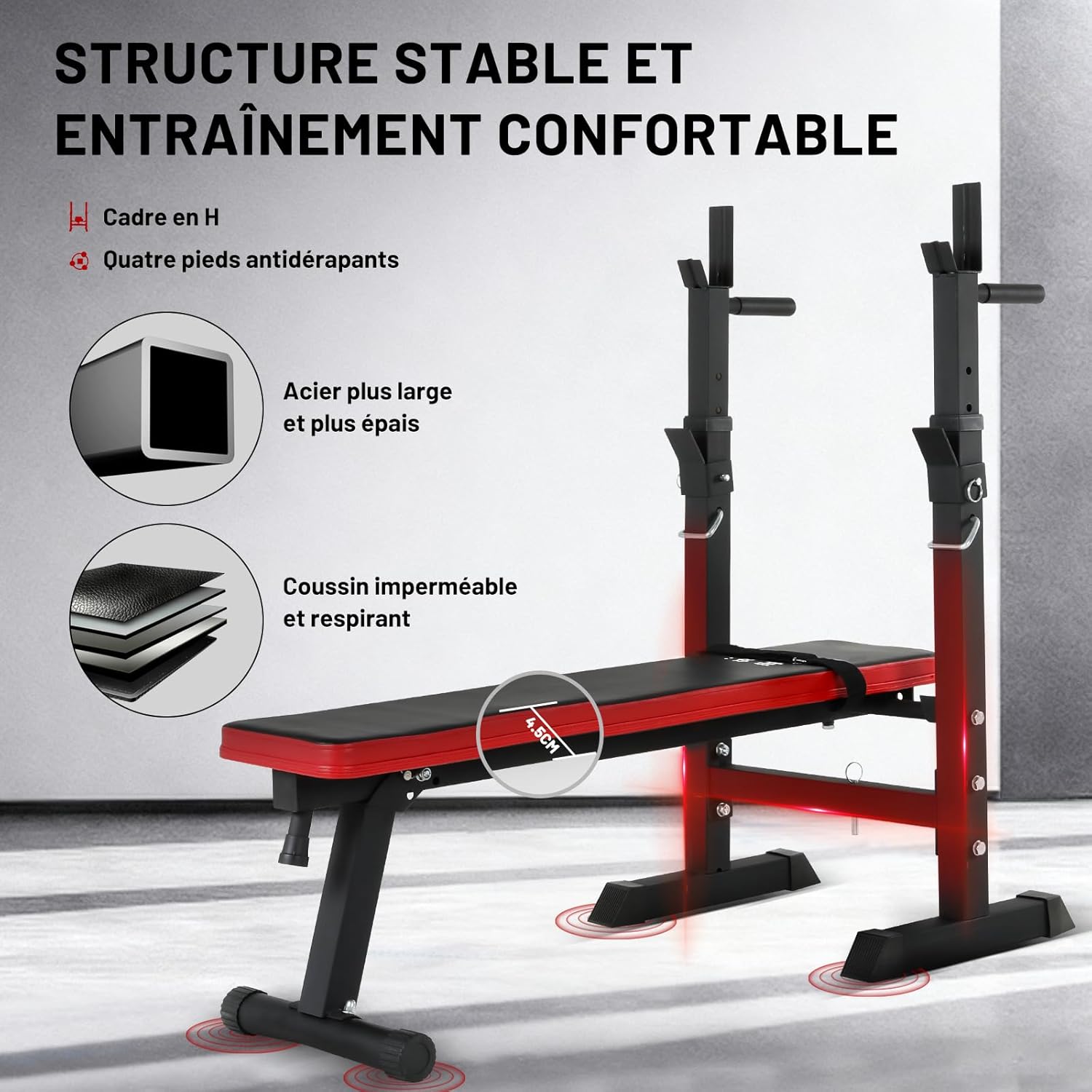 Banc de Musculation Pliable, Banc Musculation Complet Réglable avec Support de Barres pour Haltère et Station à Dips, Bancs de Musculation Réglables, Rack Musculation Homme Sport Maison