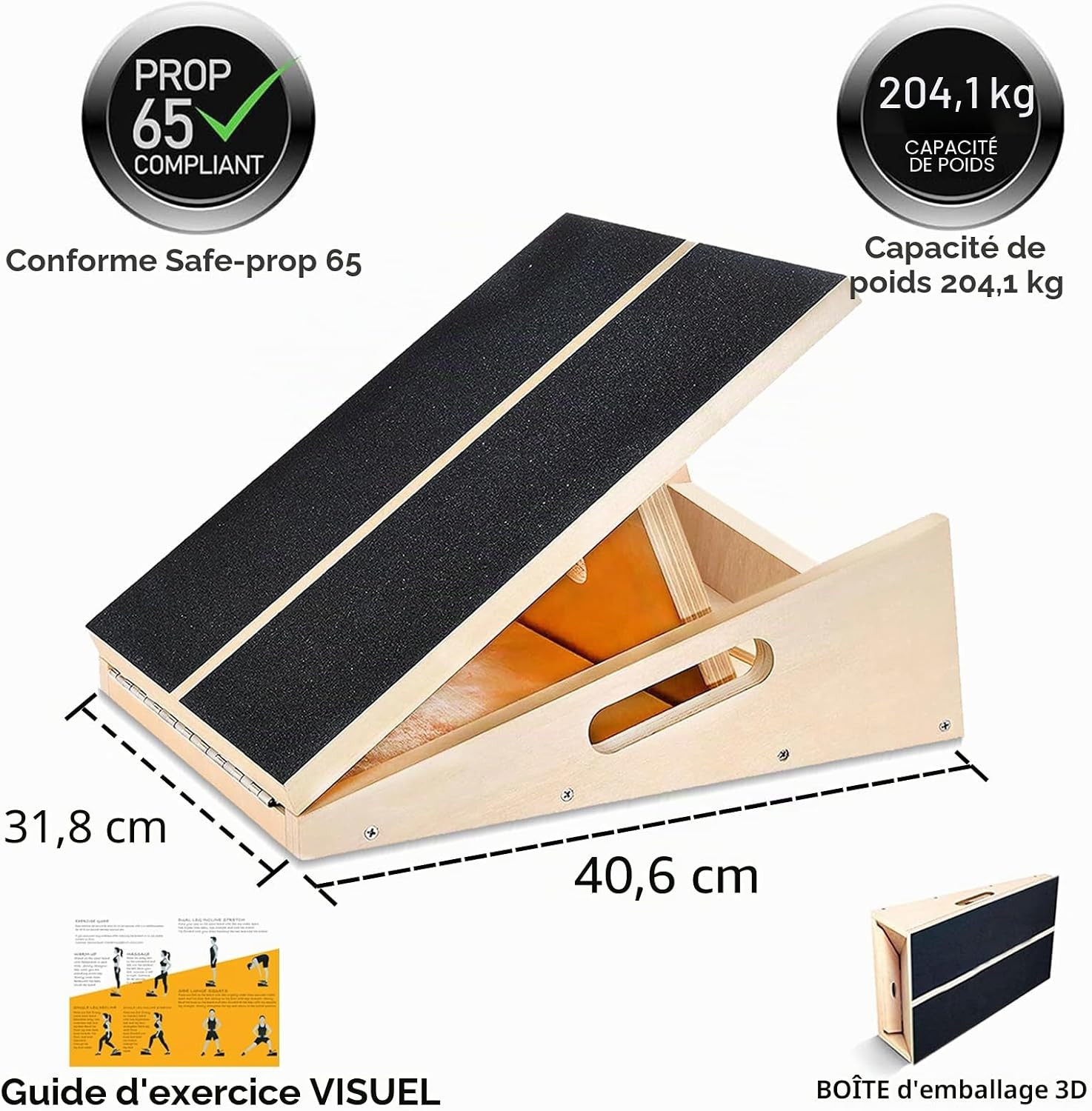 MUCITAGF Planche inclinée en bois, Plateforme Etirement Mollets & Chevilles Ajustable pour Tous les Âges, Plan Incliné Reeducation Mollet Pour Coureurs & Autres Athlètes Jaune