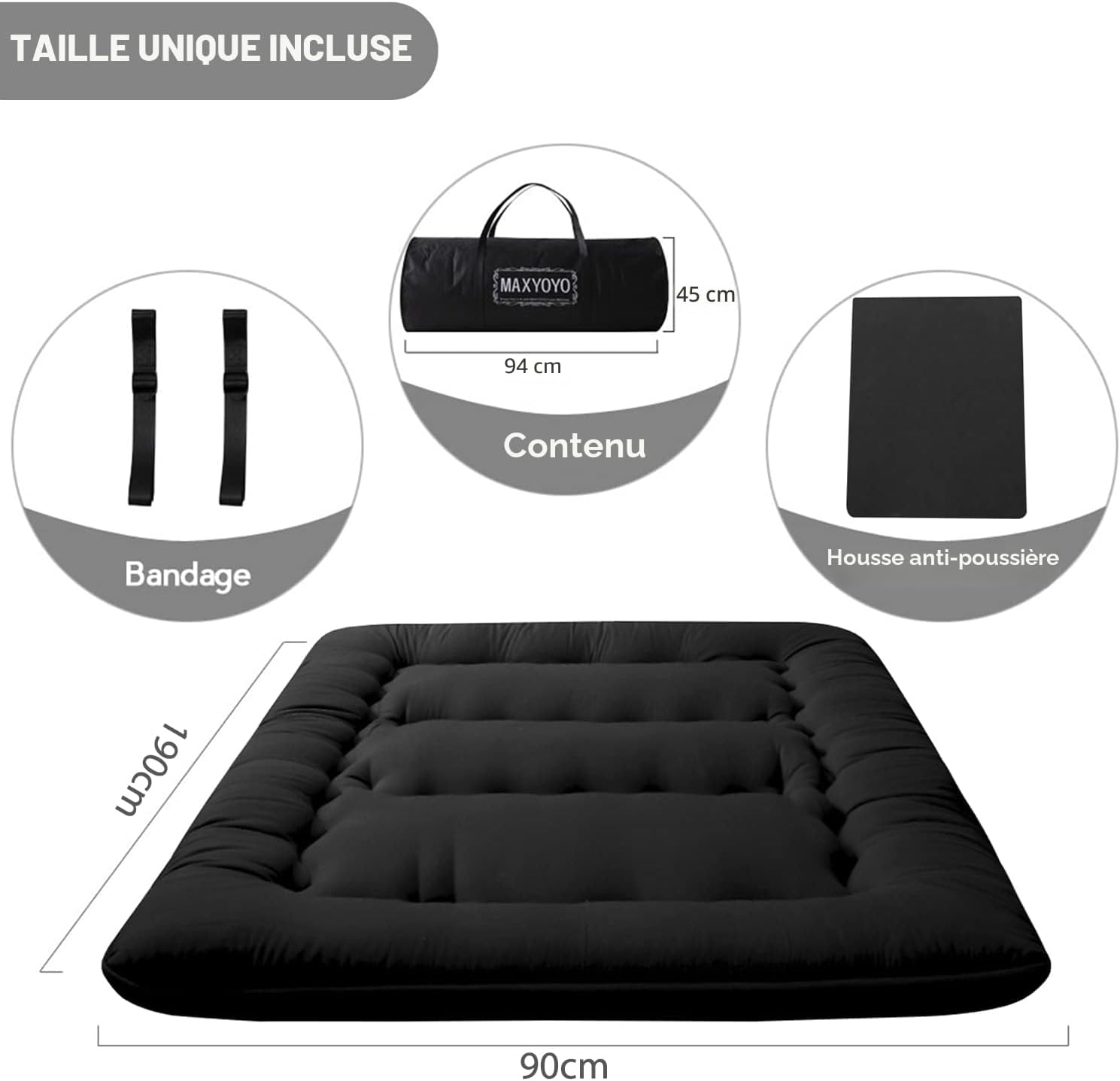 Matelas Futon de Sol Japonais - Matelas Tatami de Appoint Lit Japonais,Futon Pliable avec Sac de Transport & Housse Matelas pour Les Voyages d'invités et Le Camping （Noir, 90x190cm） Uni en Noir 90 x 190 cm