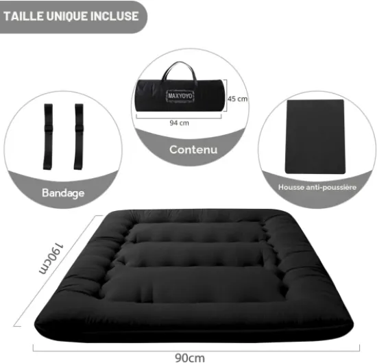 Matelas Futon de Sol Japonais - Matelas Tatami de Appoint Lit Japonais,Futon Pliable avec Sac de Transport & Housse Matelas pour Les Voyages d'invités et Le Camping （Noir, 90x190cm） Uni en Noir 90 x 190 cm