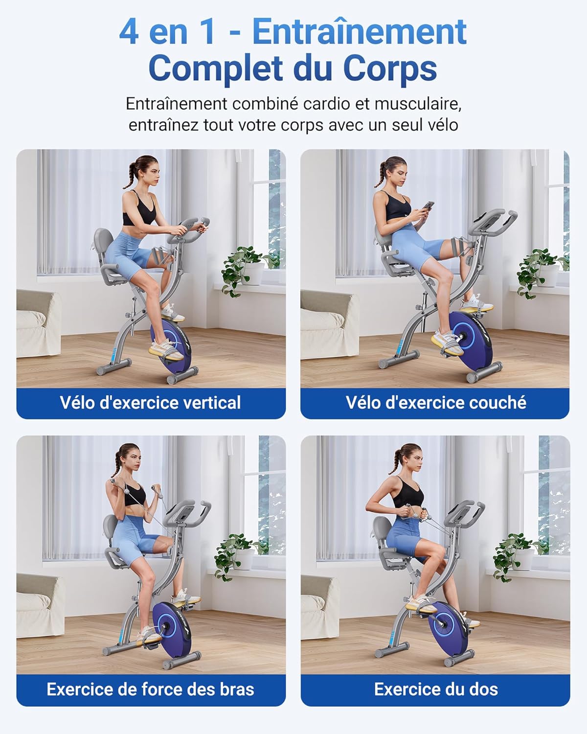 Velo D Appartement Silencieux avec App Entraînement, 4 en 1 Vélo D’Appartement Pliable avec Résistance Magnétique 16 Niveaux, Écran LCD, Mesure du Pouls, Bande de Résistance, Selle Confortable Bleu