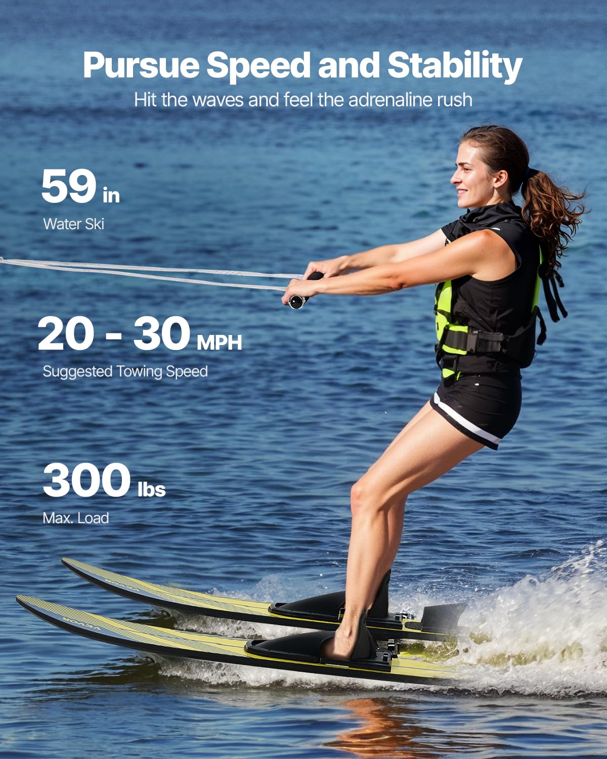 Combo Skis Nautiques 150 cm, Matériels de Ski Nautique pour Adultes avec Fixations Réglables X-7 en Fer à Cheval et Plaque d'orteil Arrière Rembourrée, Revêtement UV Brillant, Sport sur l'eau